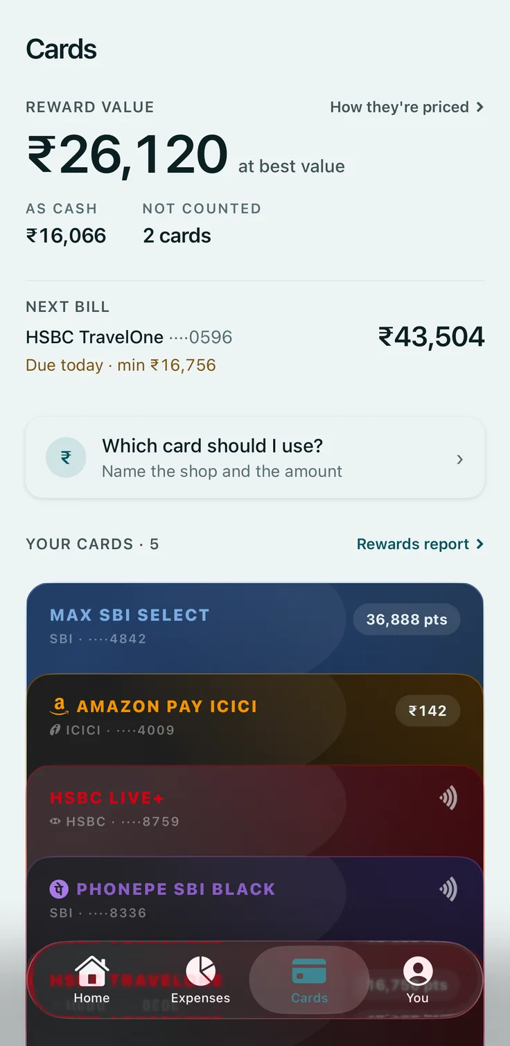 Cards screen: the reward value of every card's points, the next bill, and each card in the wallet.